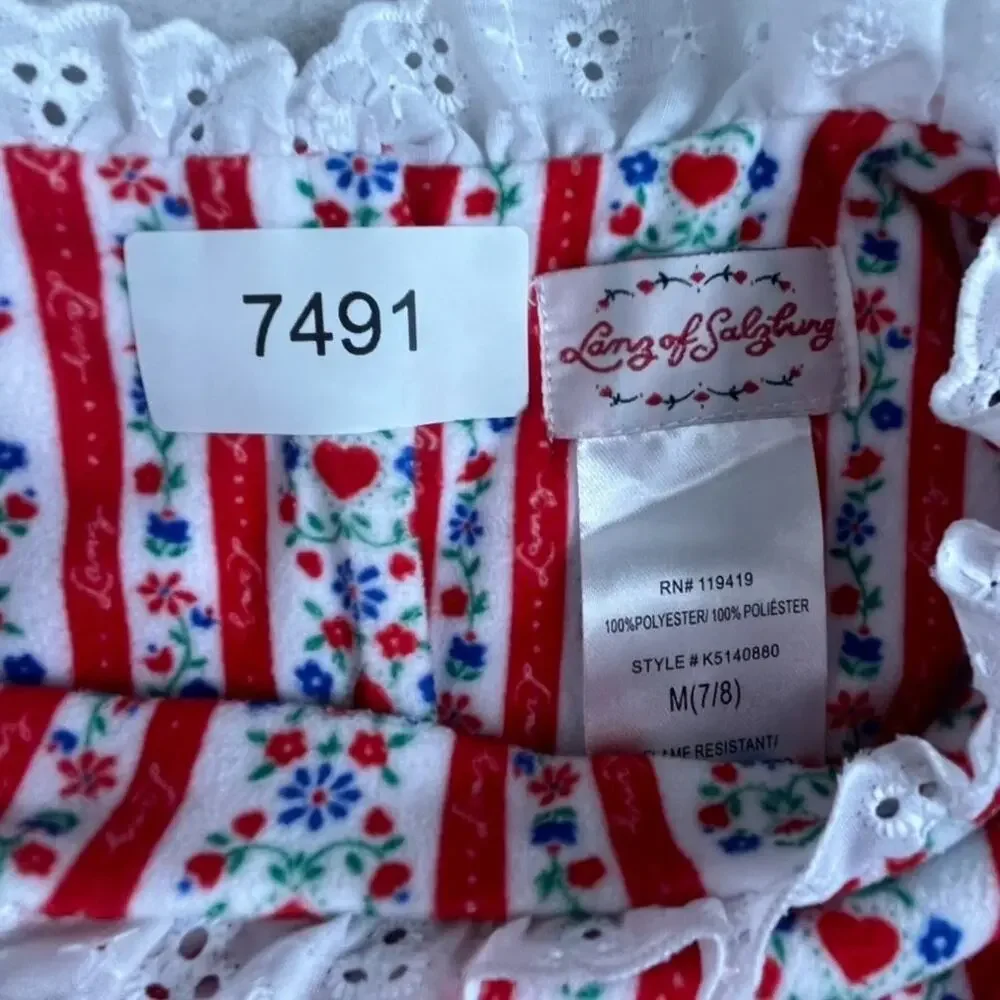 Lanz Nightgown Girls M 7/8 Red White Tyrolean Floral Fleece Eyelet Lace